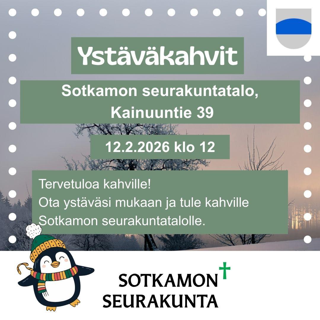 Taustalla talvinen auringonlasku. Kehyksenä valkoisia palloja. Keskellä vihreällä pohjalla tapahtuman info. Oikeassa yläkulmassa Sotkamon vaakuna ja keskellä alhaalla Sotkamon seurakunnan logo. Vasemmassa alakulmassa vilkuttava pingviini.